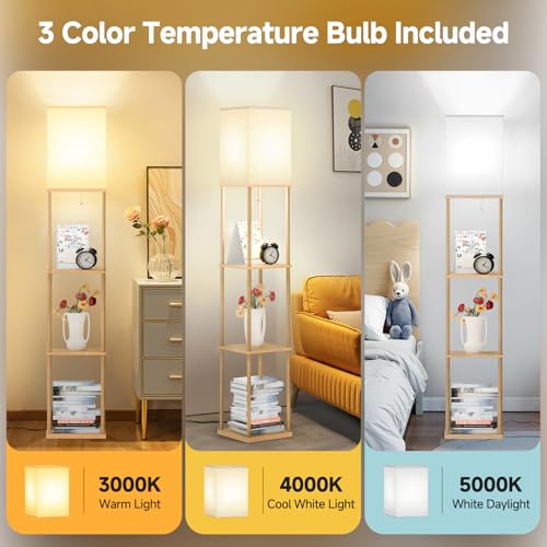 Coucrek 2-Pack Floor Lamp with Shelves, 3-Tier Standing Shelf Lamp | 3CCT 950LM Bulb Included, Storage Bookshelf Tall Lamps for Living Room Bedroom Office - color: Wood