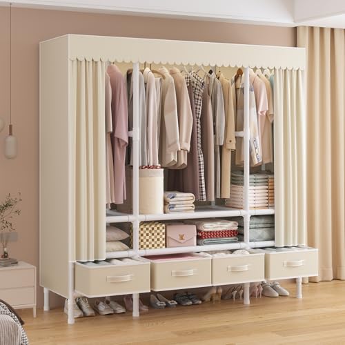 Portable Closet with Drawers 55.1"x17.7"x65.7" Wardrobe Closet Pale Yellow | Portable Closet for Hanging Clothes, Fabric Drawers and Hanging Rod, Portable Wardrobe Storage for Bedroom or Dorm Use - color: Pale Yellow-b, size: 55.1" L