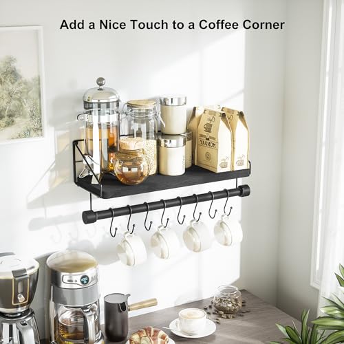 Alsonerbay Floating Shelf for Wall with Wooden Towel Bar, Black | 8 removable hooks, rustic finish, space-saving, holds utensils & mugs, easy installation, kitchen & bathroom use - color: Black