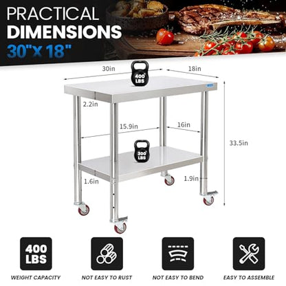 KUARBARR Stainless Steel Table with Wheels 30 x 18 Inch NSF Commercial Stainless Steel Metal Prep Table for Restaurant Kitchen Garage - color: Table With Wheels, size: 18"x30"