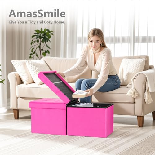 AmasSmile Footrest Ottoman Storage Bench,34" Velvet Folding Chest,Rose Red | Large Ottoman with Storage,Thicker Foam Padded Seat,Livingroom,Dorm,Bedroom,Entryway,Easy to install,34 x 13 x 13in - color: Rose-velvet