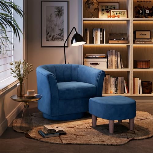 LINSY Large Swivel Accent Chair with Ottoman, Velvet Barrel Chair with Footrest, Modern Upholstered Comfy Reading Chair Armchair for Living Room, Bedroom, Study Room, Office, Blue - color: Blue, size: Large