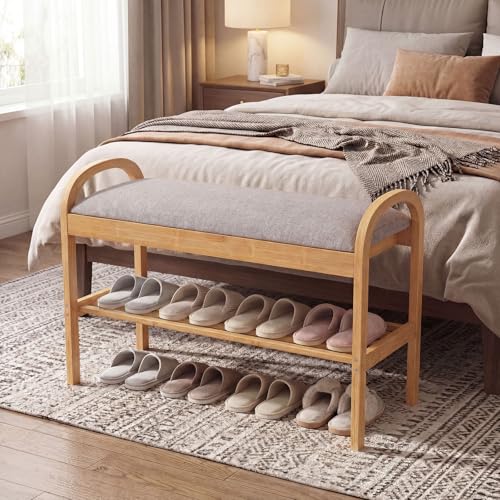 GOFLAME Bamboo Shoe Rack Bench with Storage, 2-Tier Entryway Bench with Flip Top Storage and Padded Seat Cushion, Shoe Rack Organizer with Shelf for Hallway, Bedroom, Living Room - style: With Storage