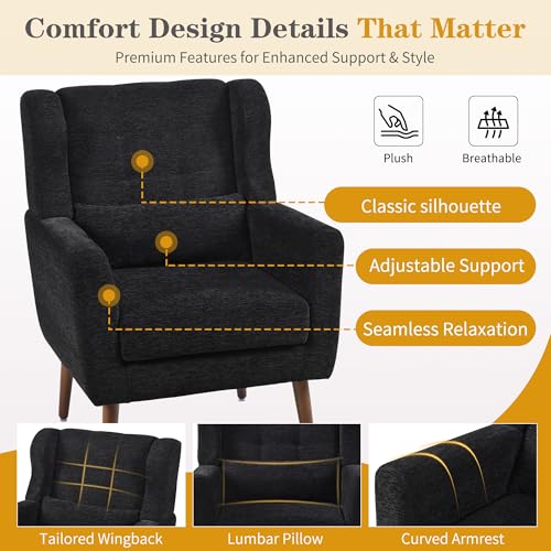 Modern Accent Chair, Upholstered Armchair with Pillow, Fabric Single Sofa Chair with Lounge Seat Solid Wood Legs Accent Chair for Living Room Bedroom Small Spaces(Black) - color: Black, size: Set of 1