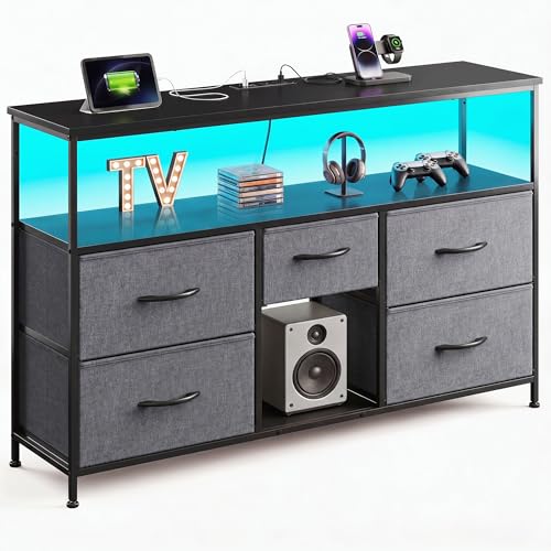 Romorgniz TV Stand for 45/50" TVs, 5 Drawers & LED Lights & Power Outlets | Strong Metal Frame for Stability, Spacious Shelves Display Collections & Keep Organized, Dresser for Bedroom & Studio, Grey - color: Grey