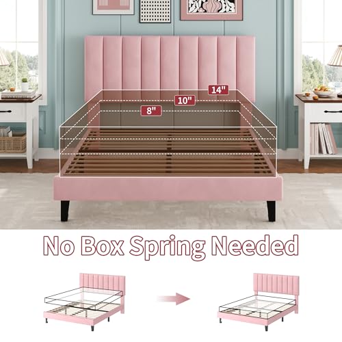 Garvee Full Size Platform Bed Frame with Upholstered Headboard, Pink | Fully Velvet Upholstered Mattress Foundation with Height Adjustable Headboard, No Box Spring Needed, Easy Assembly - color: Pink, size: Full