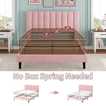 Garvee Full Size Platform Bed Frame with Upholstered Headboard, Pink | Fully Velvet Upholstered Mattress Foundation with Height Adjustable Headboard, No Box Spring Needed, Easy Assembly - color: Pink, size: Full