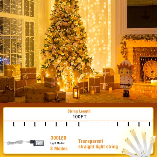 100FT Warm White String Lights – 300 LED Extra Long Waterproof Fairy Lights on Clear Wire, Plug-in Indoor Outdoor Decorations for Christmas, Wedding, Patio, Bedroom, Party