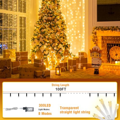 100FT Warm White String Lights – 300 LED Extra Long Waterproof Fairy Lights on Clear Wire, Plug-in Indoor Outdoor Decorations for Christmas, Wedding, Patio, Bedroom, Party