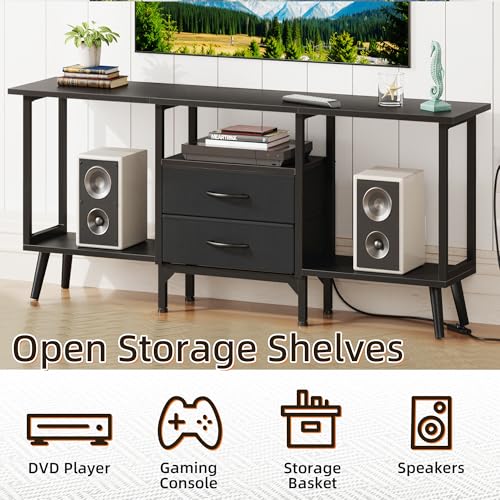 GYIIYUO Small TV Stand with Fabric Drawers/LED Light for 55 inch TV,Black | Entertainment Center with Storage Open Shelves，Media Console Table for living room, bedroom