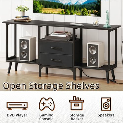 GYIIYUO Small TV Stand with Fabric Drawers/LED Light for 55 inch TV,Black | Entertainment Center with Storage Open Shelves，Media Console Table for living room, bedroom