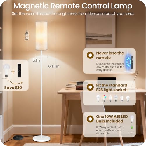 White Floor Lamps for Living Room with Remote and Foot Switch, 64.4” Modern Standing Tall Lamp, Dimmable Corner Lamp for Bedroom, Office, Bulb Included, 3000K-6500K, FCC Listed WW06LD05W1 - color: Off-White