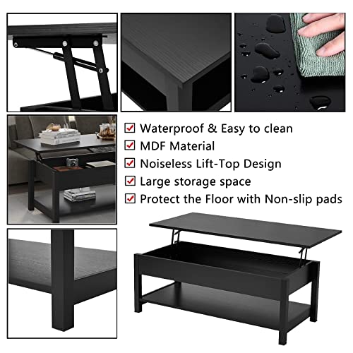 Panana Lift Top Coffee Table with Hidden Compartment and Open Shelf, Lift Tabletop Pop-Up Tea Table for Living Room, 45.28" L, Black - color: Black