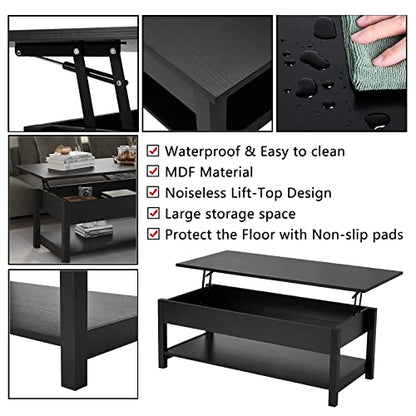 Panana Lift Top Coffee Table with Hidden Compartment and Open Shelf, Lift Tabletop Pop-Up Tea Table for Living Room, 45.28" L, Black - color: Black