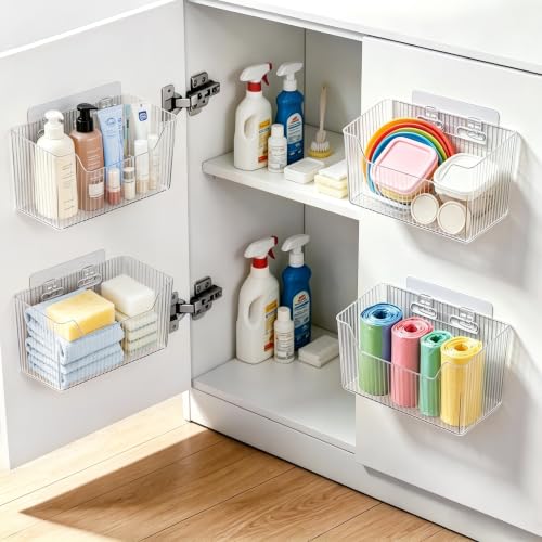 4 Pack Cabinet Door Organizer, Adhesive Wall Mounted Stackable Clear Storage Basket for Kitchen, Bathroom, Pantry, Under Sink, Office, Tabletop, and Cabinet Door Organization