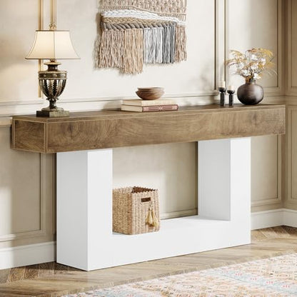 Tribesigns 63" Console Table, Farmhouse 2-Tier Entryway Table with U-Shaped Base, Narrow Long Wood Sofa Table Behind Couch Table for Living Room, Hallway, Foyer, Light Brown & White - color: Light Brown & White