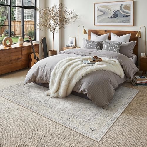 6x9 Area Rugs Washable Rugs Vintage Grey Living Room | Living Room Rug,Vintage Rug,Bedroom,Dining Room,Office,Farmhouse,Non-Shedding,Non Slip,Low Pile,Soft - color: Beige Grey, size: 6' x 9' (Rectangular)