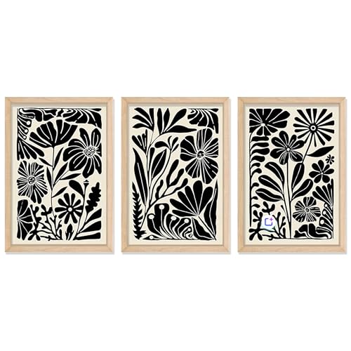 Black Abstract Floral Wall Art 11x16 3pc, Boho Flower Prints Framed Decor | Natural Wood Frame With Vintage Retro Style. Black floral Artwork for Living Room, Bedroom, Office, or Bathroom. - color: Abstract Floral Botanical (Wood), size: 11"L x 16"W