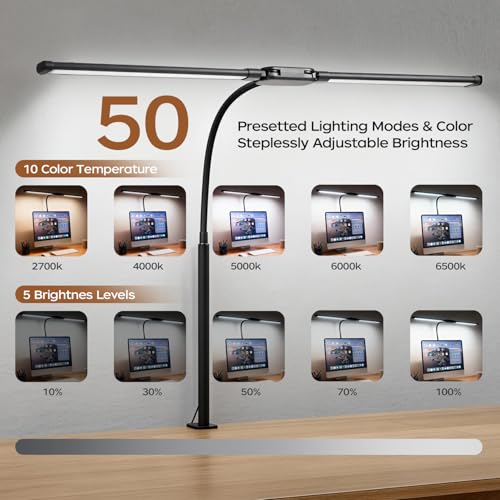 LED Desk Lamp with Clamp, Dual Head Desk Light for Home Office, Eye-Caring Monitor Desk Lamp with Remote, Flexible Gooseneck Architect Task Lamp, 10 Brightness Levels & 5 Color Modes Black - color: Black