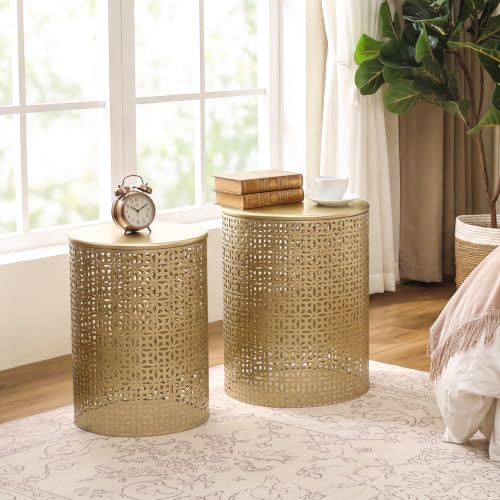 Homebeez Modern Nesting Tables Set of 2, Round Metal End Table, Gold | Accent Side Tables for Living Room & Bedroom, No Assembly Nightstands - color: Gold