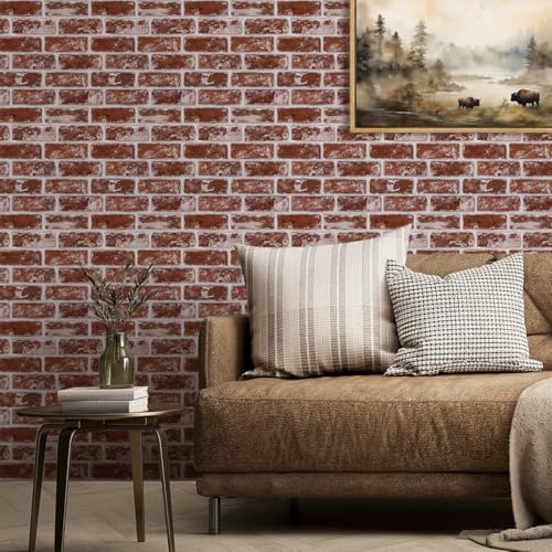 3D Faux Brick Wall Panels Peel and Stick, 10 Pcs of 12"X12", Small Size Thin PVC Fake Brick Adhesive Wall Covering Backsplash Kitchen Living Room, Paintable, Vintage Red - color: Vintage Red-3