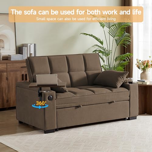 66" Multi-Functional Pull-Out Sofa Bed with Hidden Side Table, Storage Armrests, Built-in Charging Port, Spring Mattress, Solid Wood Frame – Ideal for Small Spaces, Easy Assembly - color: 1007-k