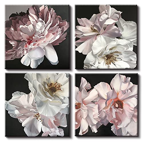 Yxbhhym Floral Canvas Wall Art White Flowers Wall Picturs Prints Pink Florals Artwork for Wall Décor Painting Poster for Bathroom Art Living Room Decor-Framed Wall Art -12x12inches x 4 pcs - color: Awhite flowers, size: 12"L x 12"W x 4 pcs