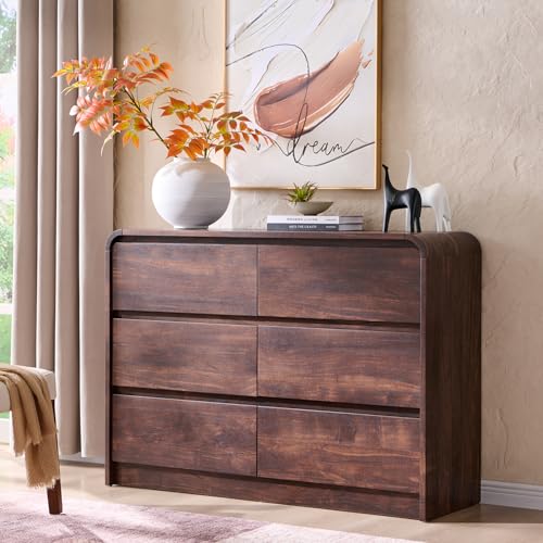 Aitjunz Modern 6 Drawers Dresser for Bedroom, 47" Wide Wood Dressers & Chests of Drawers w/Curved Profile Design, Mid Century Modern Dresser w/Natural Texture for Bedroom, Living Room, Brown - color: Brown, size: 15.5"D x 47.2"W x 33.9"H (6 Drawers)