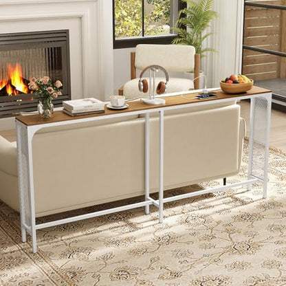 GIANTEX 71" Narrow Console Table with 2 Power Outlets and USB-C Ports | Sofa Table w/ Charging Station & Metal Frame, Skinny Behind Couch Tables, Long Entryway Tables for Living Room, Natural+White - color: Natural + White