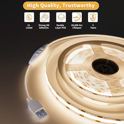 PAUTIX 5V USB COB LED Strip Lights Dimmable LED Lights 4000K Natural White with RF Remote,1200lm,Dotless Flexible Tape Light for Under Cabinet,Bedroom,TV Backlight,Kitchen,Shelf,Mirror Lighting 6.56ft - color: 4000K