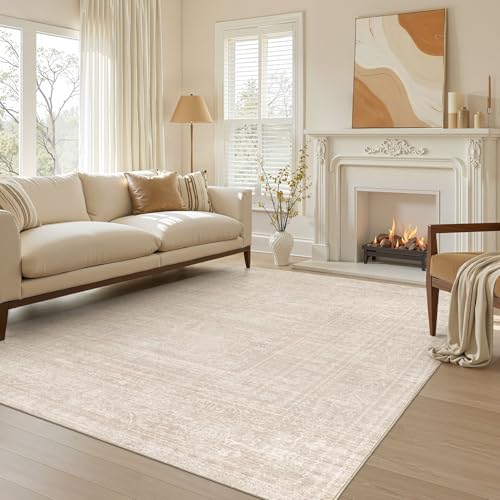 Nakagishi 5x7 Area Rugs Living Room: Washable Large Vintage Rug Neutral Non-Slip Soft Stain Resistant Indoor Carpet for Bedroom Nursery Dining Room Office Playroom - Beige - color: Beige, size: 5' x 7' (Rectangular)