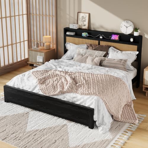 Garvee King Wooden Rattan Bed Frame Bohemian with Storage and LED Lights | Cane Headboard with Charging Station, Wooden Slats, Noise-free, No Box Spring. Country Farmhouse Bed Frames Black - color: Black, size: King