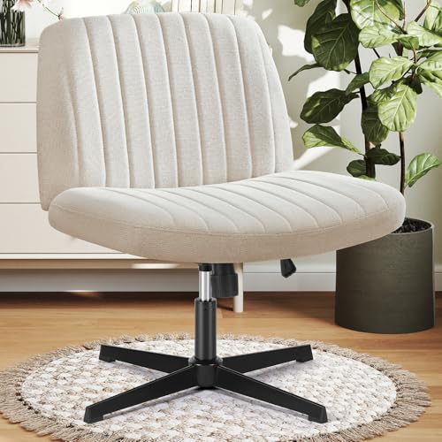 DUMOS Criss Cross Chair No Wheels Legged Office Wide Comfy Desk Vanity Chair, Armless Computer Task Seating, Swivel Home Height Adjustable for Bedroom, Study, Beige Fabric - color: Beige Fabric