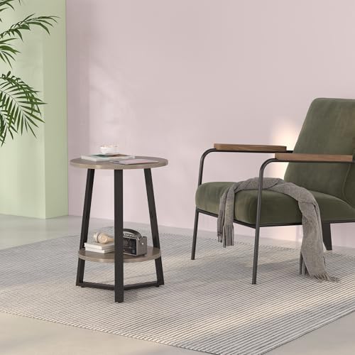 sthmec Small Round End Table, 2 Tier Side Table with Storage Shlef,Coffee Table Wooden Tabletop & Metal Frame,Round Accent Table Small Nightstands Couch Tables for Bedroom,Livingroom, Grey - color: Grey