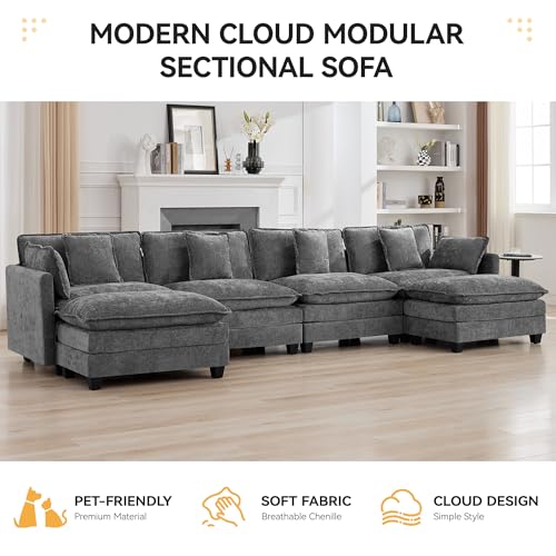 147'' Sectional Cloud Deep Seat Couch, Oversized Chenille U Shaped Sectional Sofa for Living Room Set, Comfy Upholstered Modular Sectional Sofa Couch with 2 Movable Ottoman, Grey - color: Grey, size: 147'' U Shape