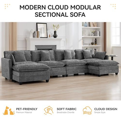 147'' Sectional Cloud Deep Seat Couch, Oversized Chenille U Shaped Sectional Sofa for Living Room Set, Comfy Upholstered Modular Sectional Sofa Couch with 2 Movable Ottoman, Grey - color: Grey, size: 147'' U Shape