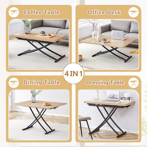 Adjustable Height Coffee Table, 4-in-1 Folding Dining Table, Oak | Convertible lift top table for use as a coffee table, dining table, home office desk or vanity - color: Oak & Black Legs