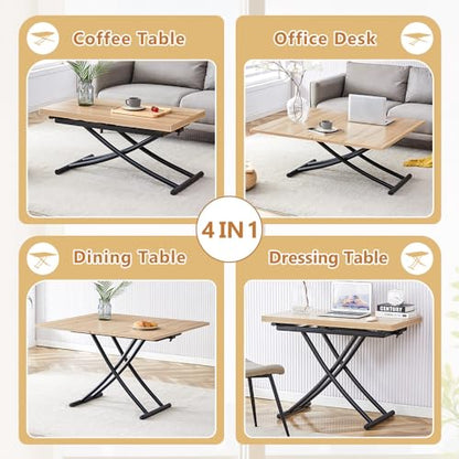 Adjustable Height Coffee Table, 4-in-1 Folding Dining Table, Oak | Convertible lift top table for use as a coffee table, dining table, home office desk or vanity - color: Oak & Black Legs