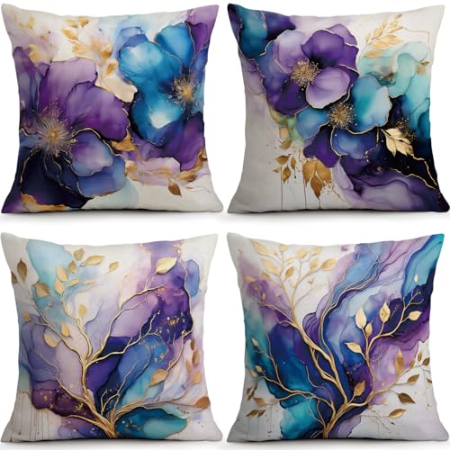 OBSEDE Decorative Throw Pillow Covers Set of 4, 16x16 Inch Purple and Blue Abstract Floral Watercolor Pillow Cases with Gold Accents for Couch Sofa Bedroom, Modern Artistic Home Decor - color: Gilded Ink Bloom, size: 16" x 16" (Pack of 4)