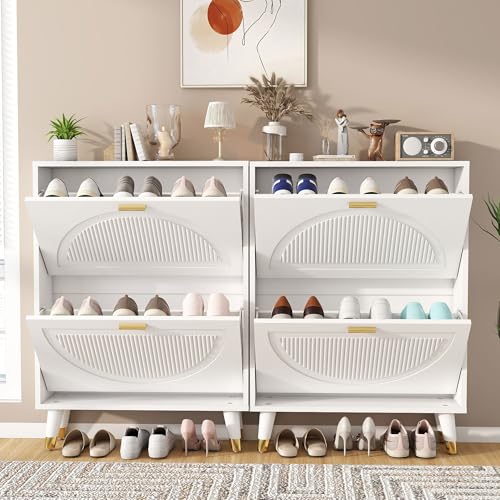 Shoe Cabinet Storage for Entryway: 24" White Slim Shoe Storage Cabinet with 2 Flip Drawers, Narrow Hidden Shoes Storage, Wood Shoes Organizer Cabinets for Hallway (1, 2-Drawers) - size: 2-Drawers