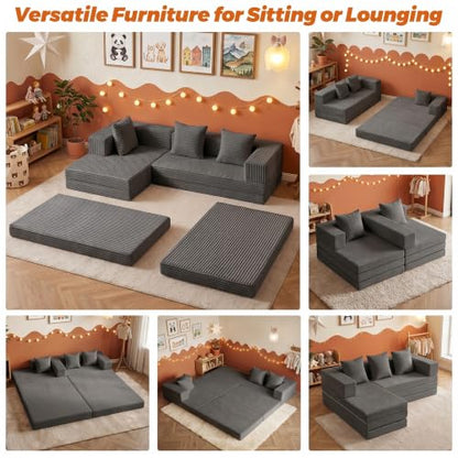 6-in-1 Tri-Folding Mattress | Cloud Boneless L-Shaped Modular Sectional Couches | Corduroy Pet-Friendly Convertible Futon Sofa Bed with 800LB Capacity Apartment, Guest Room, Game Room - color: Grey