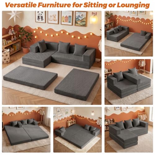 6-in-1 Tri-Folding Mattress | Cloud Boneless L-Shaped Modular Sectional Couches | Corduroy Pet-Friendly Convertible Futon Sofa Bed with 800LB Capacity Apartment, Guest Room, Game Room - color: Grey