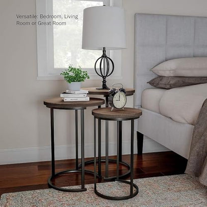 Nesting Tables - Set of 3 Round Side Tables for Living Room, Bedroom, or Home Office - Faux Marble End Table Set - Modern Living Room Furniture (Brown/Black)