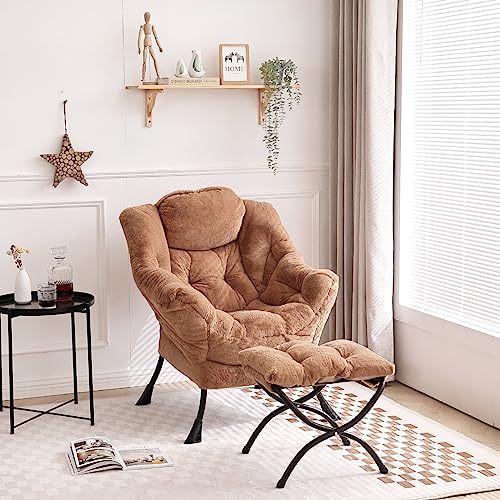 Modern Large Accent Lounge Chair with Ottoman, Leisure Sofa Armchair with Footrest, Reading Chair for Bedroom, Living Room, Dorm Rooms, Garden and Courtyard - color: Plush-brown