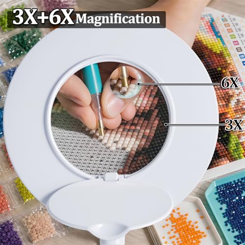 3X+6X Magnifying Glass with Light and Stand, Dimmable LED Magnifying Lamp | Flexible Gooseneck, Hands Free Magnifier, Magnification Lamp for Elderly Craft Hobby Painting Sewing Close Work,Weighted Base - color: White