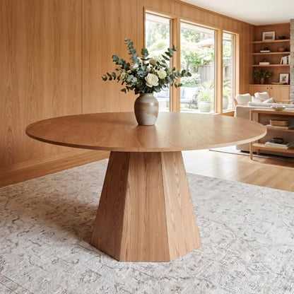59'' Round Dining Table for 4-6, Modern Pedestal Kitchen Table Circle Wood Natural Grain Finish Grain Tabletop Dinner Table Kitchen Table, Natural Wood - color: Natural Wood, 59” Round