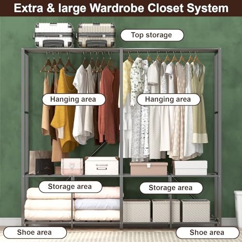 Umeiga Heavy Duty Portable Closet with Cover 1200Ibs Foldable Covered Clothes Rack for Hanging Armoire Wardrobe Closet System Freestanding Coat Storage Garment Racks (150cm/59in Gray) - size: 59" Wide
