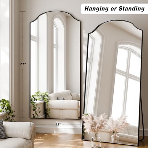 Wave Curved Top Arched Mirror Full Length, 71"x32" Large Mirror | Matte Aluminum Alloy Frame Full Body Mirror, Standing Hanging or Leaning for Bedroom and Living Room, Black - size: 71"L x 32"W