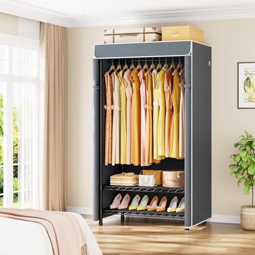 H5C Clothes Rack with Cover, Covered Clothing Rack Heavy Duty | Garment Rack with Shelves, 3-Tier Portable Closets for Hanging Clothes, Max Load 360LBS, Black Closet Racks with Gray Cover - color: Black Rack with Gray Cover, size: H5C