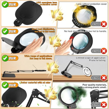 15X Magnifying Lamp with Light,5-Inch Optical Glass Lens, 3-in-1 Desk/Clamp/Floor Stand, LED Lighted Magnifier, Stepless Dimming for Close Work, Crafts, Repair, Reading, Sewing, Black - color: Black